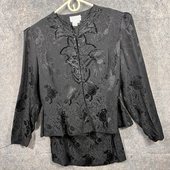 Silk Studio Dresses & Skirts - VTG Silk Studio 100% Silk Black Jacket & Skirt with Sequin Floral design Sz 14